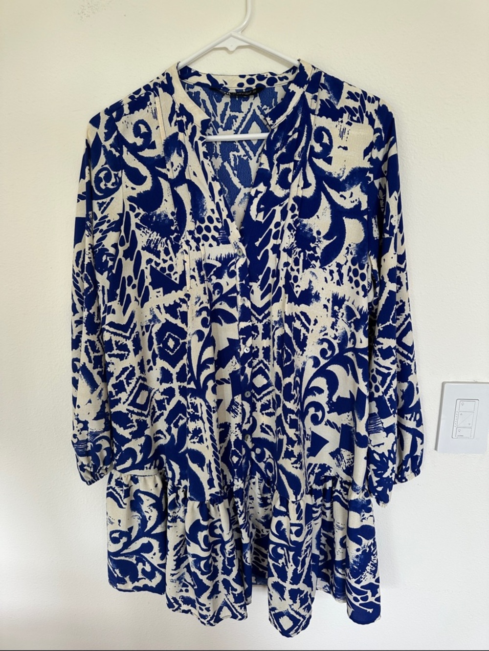 Zara Blue Cream/white Greek Isles Flowy Dress Size Small￼